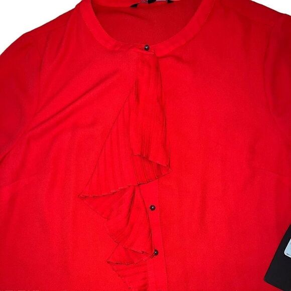 NWT EVA LONGORIA Red Button Down Blouse W/ Bell Sleeves & Bodice Ruffle Size M - Picture 3 of 6
